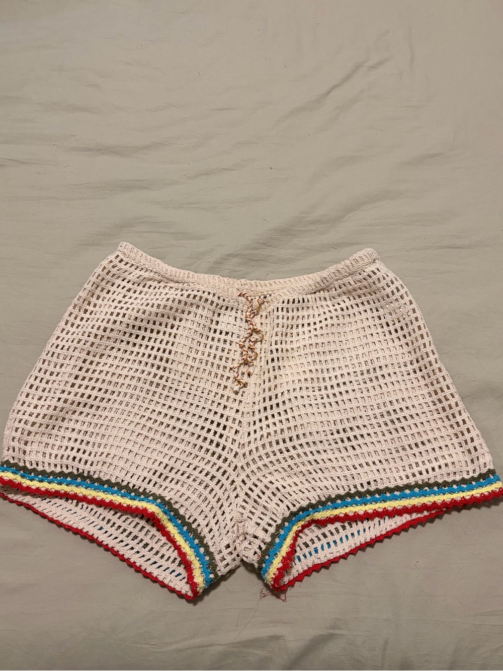 BDG White Crochet Swim Coverup Shorts with Rainbow Trim